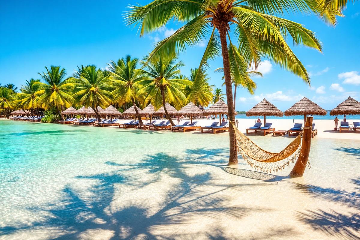 Praia com coqueiros e redes na água